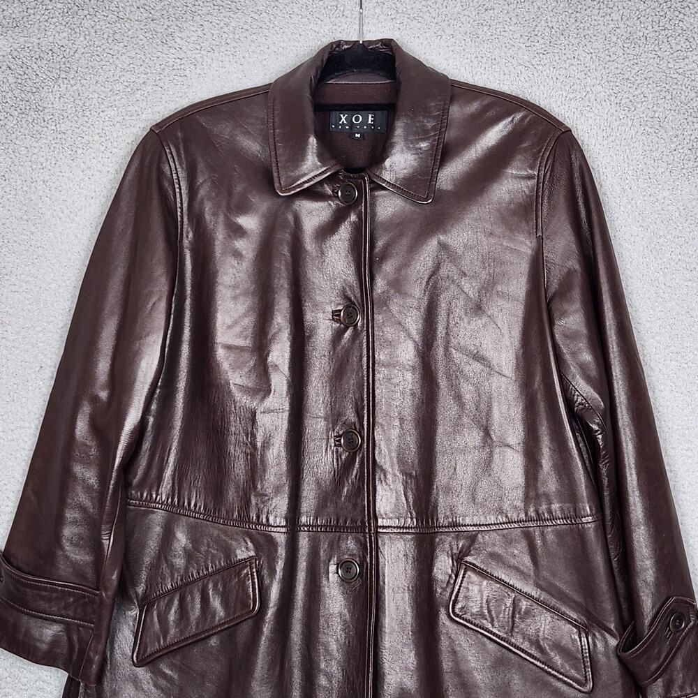 XOE NEW YORK Leather Jacket Mens Medium Brown Lined Collared Button Up Supple